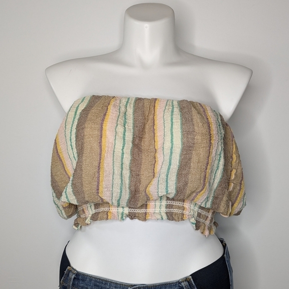 ✨3/$15 Free People tan striped cotton gauze tube top XL/XXL - Picture 1 of 7